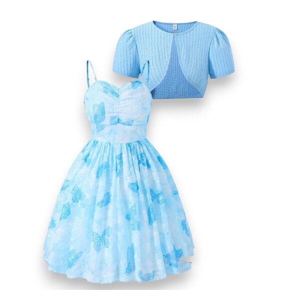 SHEIN Kids Elegant Textured Fabric Spaghetti Strap Vacation Style Dress With Coa - Picture 1 of 9
